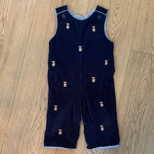 Reversible Navy Blue Kids Overalls with Dog Embroidery and blue gingham